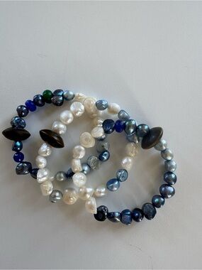 Mixed Mother of Pearl Stretch Bracelet Set (3) in White and Blue Handmade
